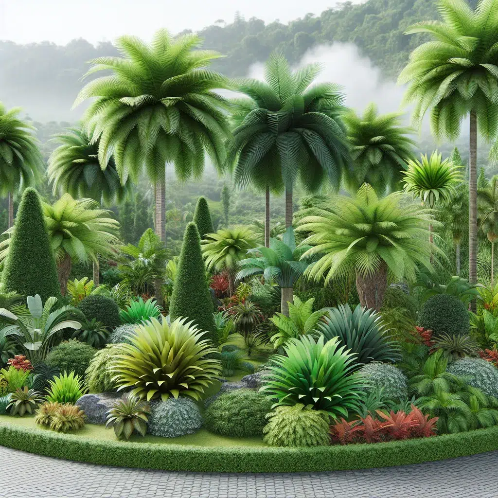 Imagen de un paisaje exuberante con diversas variedades de palmeras utilizadas en un jardín para crear un ambiente tropical y llamativo.