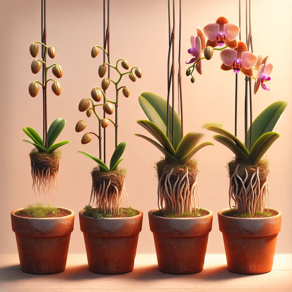 Imagen de varias orquídeas keikis en macetas, mostrando un proceso de cuidado y reproducción de estas plantas exóticas.