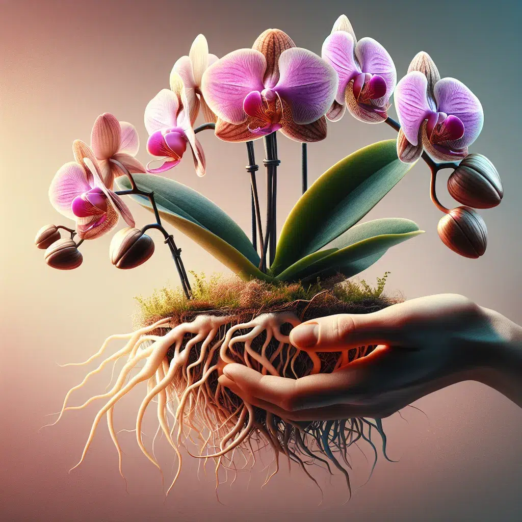 Imagen de un keiki de orquídea enraizando en un medio de cultivo, parte del proceso de cuidado y reproducción de estas hermosas plantas.