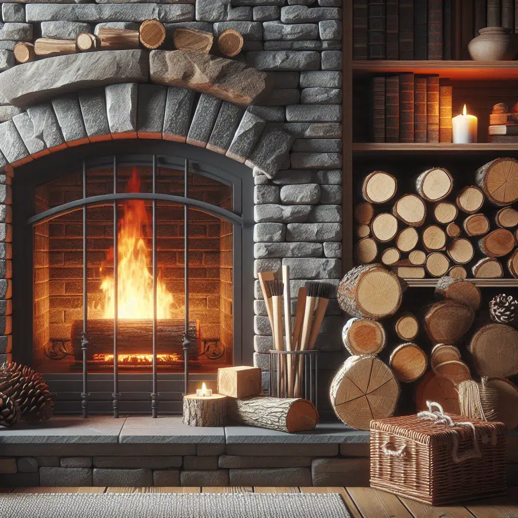 Una variedad de leñas apiladas junto a una chimenea de piedra con fuego encendido, lista para disfrutar de un ambiente cálido y acogedor en casa.