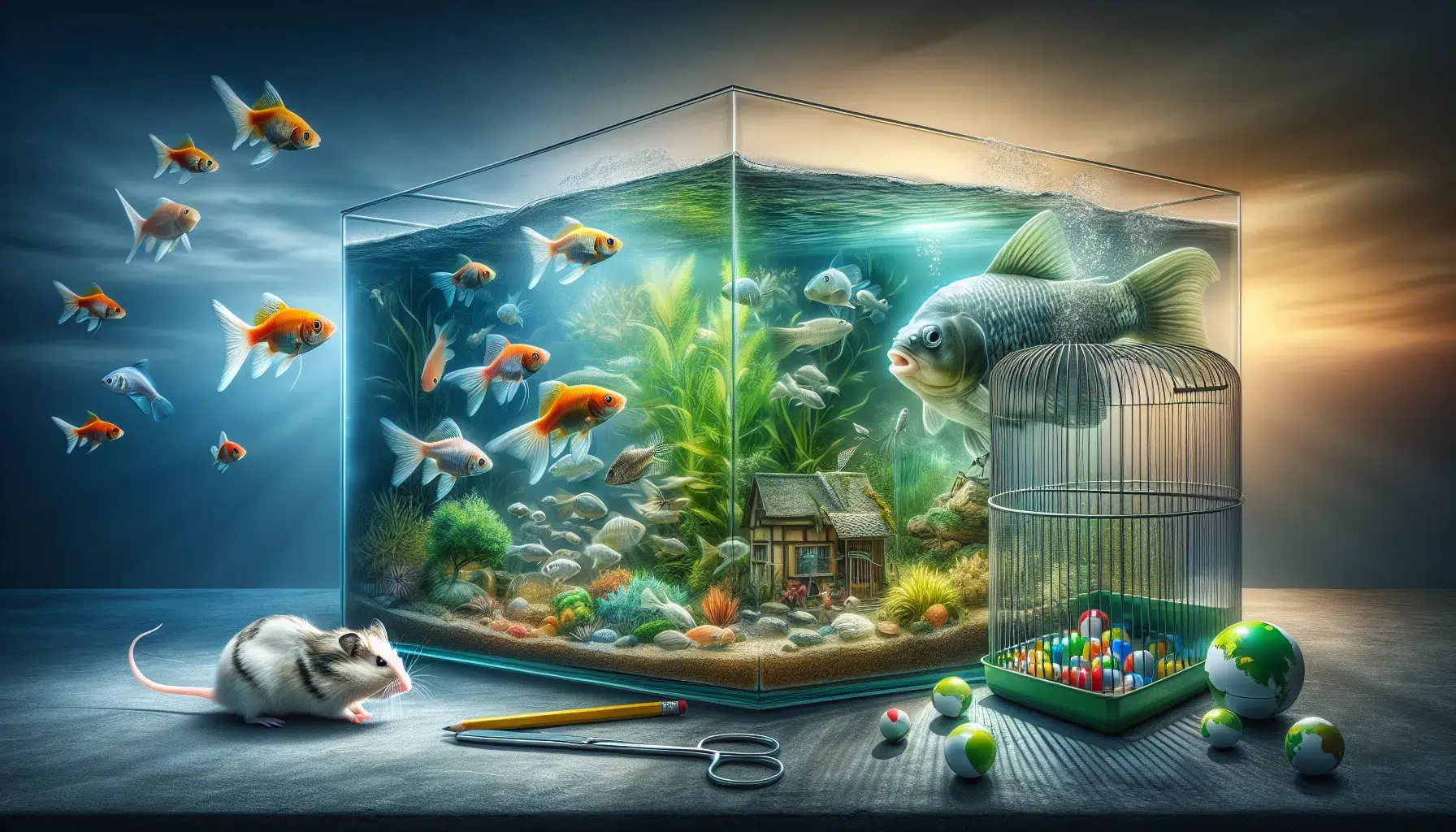 Foto de un acuario con varios peces nadando y un hámster explorando su jaula, ilustrando el impacto de la Ley en la tenencia de estos animales de compañía.