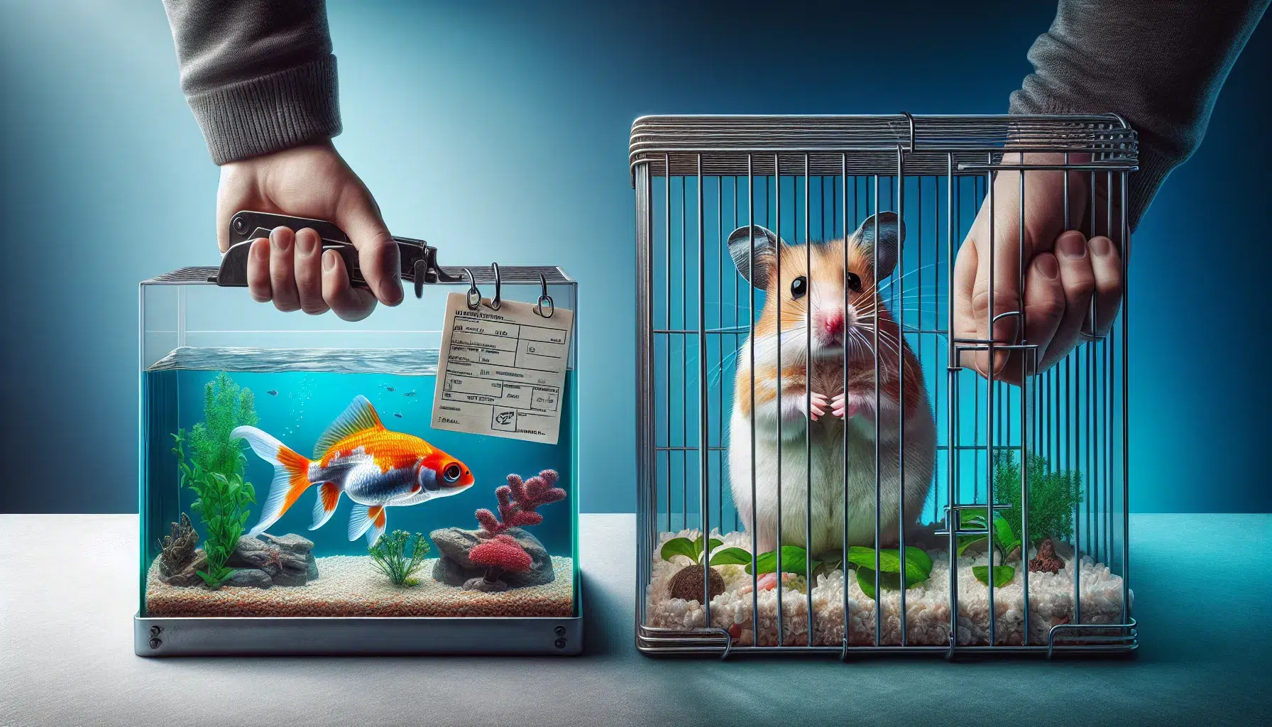 La imagen muestra a un pez nadando en un acuario y a un hámster en su jaula, ilustrando el impacto de la Ley en la tenencia de estos animales domésticos.