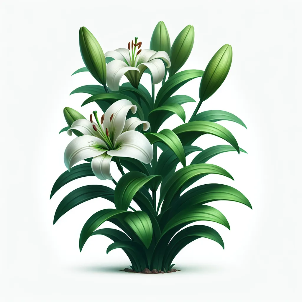 Imagen de un lirio con hojas verdes y flores blancas, reflejando belleza y vitalidad, representando el cuidado adecuado de las plantas de lirio.