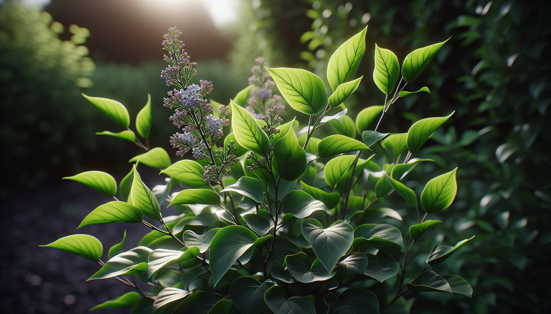 Imagen de una planta de lila con hojas verdes y saludables, pero sin flores visibles, en un jardín soleado.