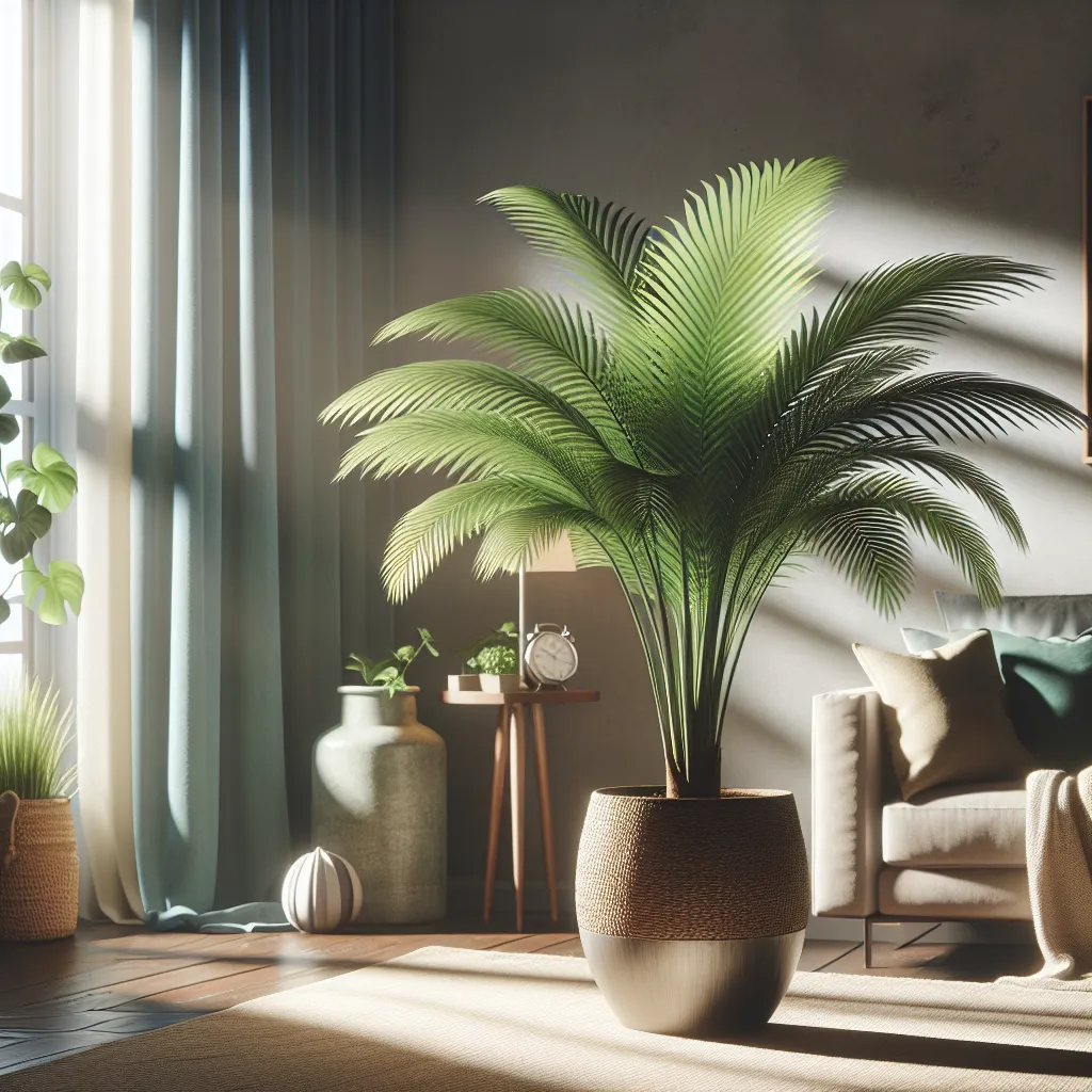 Foto de una planta Livistona Rotundifolia en un ambiente hogareño, iluminada por la luz natural. La planta se ve sana y vibrante, añadiendo un toque verde y exuberante al espacio.