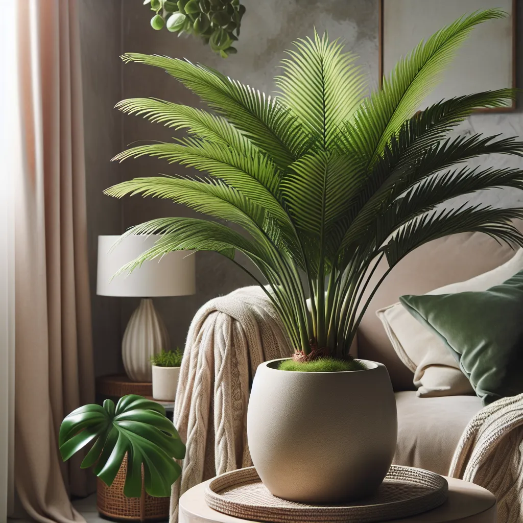 Imagen de una planta Livistona Rotundifolia en un ambiente acogedor y bien iluminado de una casa, evidenciando su belleza y frescura.