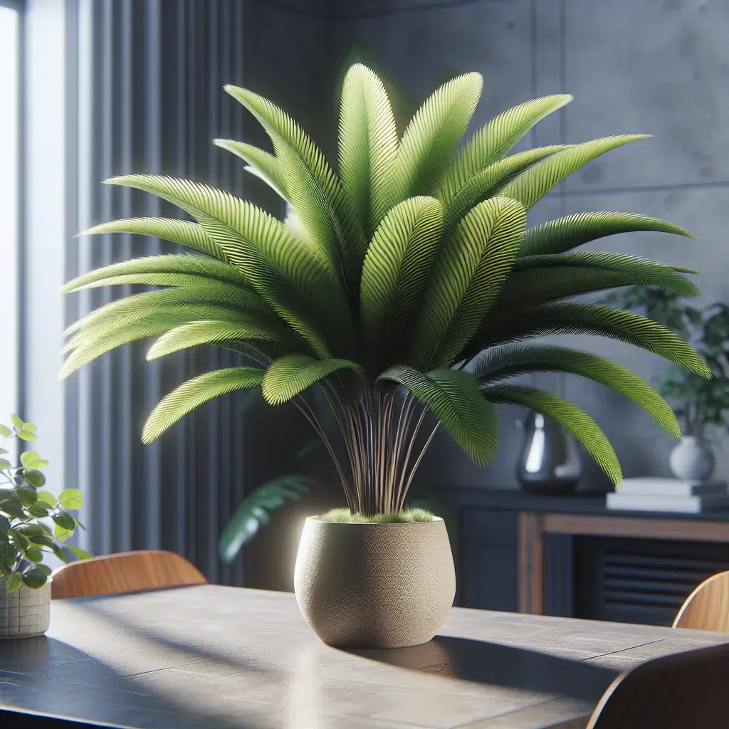 'Imagen de una planta Livistona Rotundifolia en maceta sobre una mesa, con hojas verdes y saludables, recibiendo luz natural en un ambiente hogareño'.