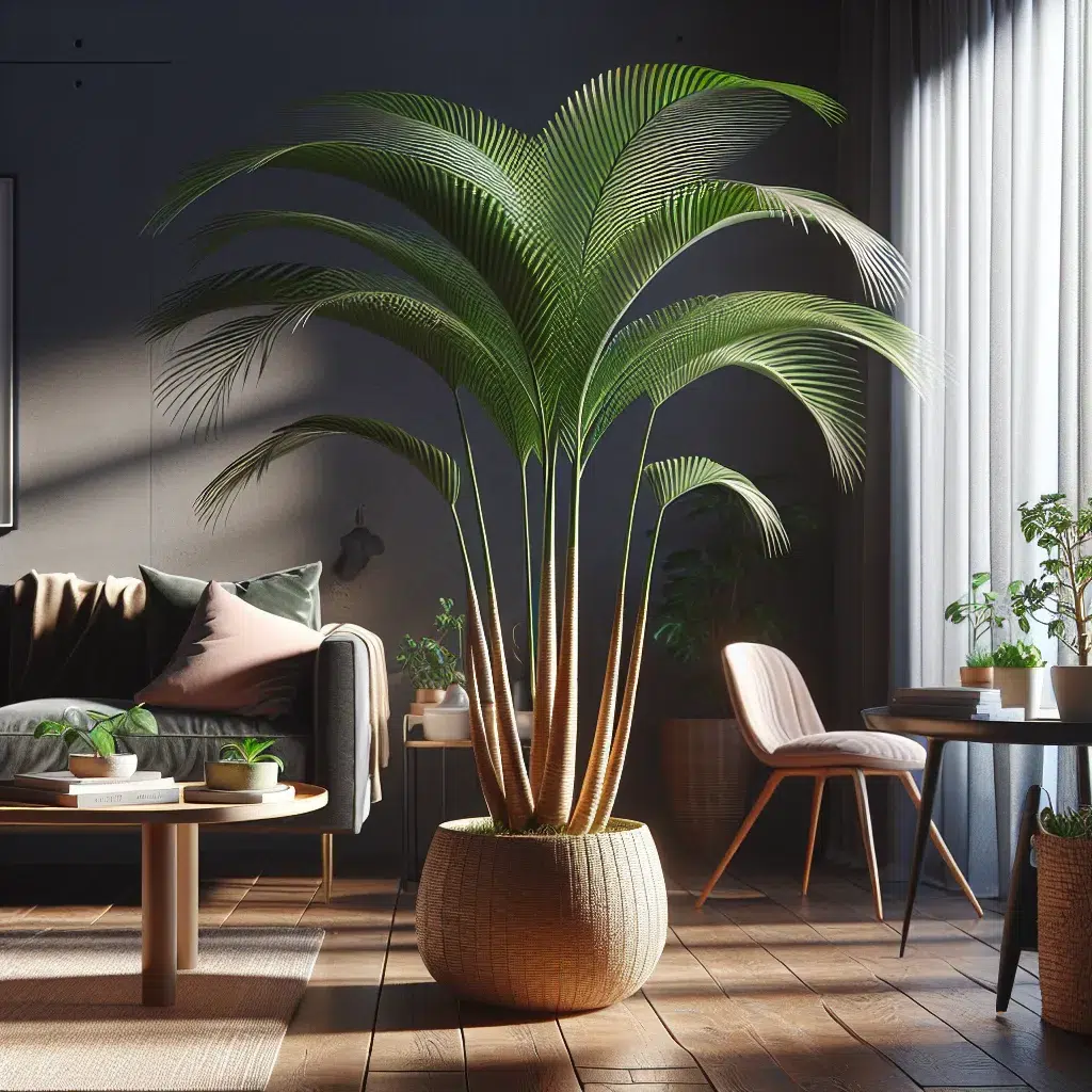 'Imagen de una planta Livistona Rotundifolia en un hogar que recibe luz indirecta, con hojas verdes brillantes y aspecto saludable'.