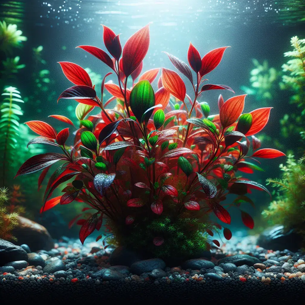 Imagen de una planta Ludwigia Palustris saludable y vibrante en un acuario bien iluminado y fertilizado, mostrando sus hojas de color rojo intenso y verde vibrante.