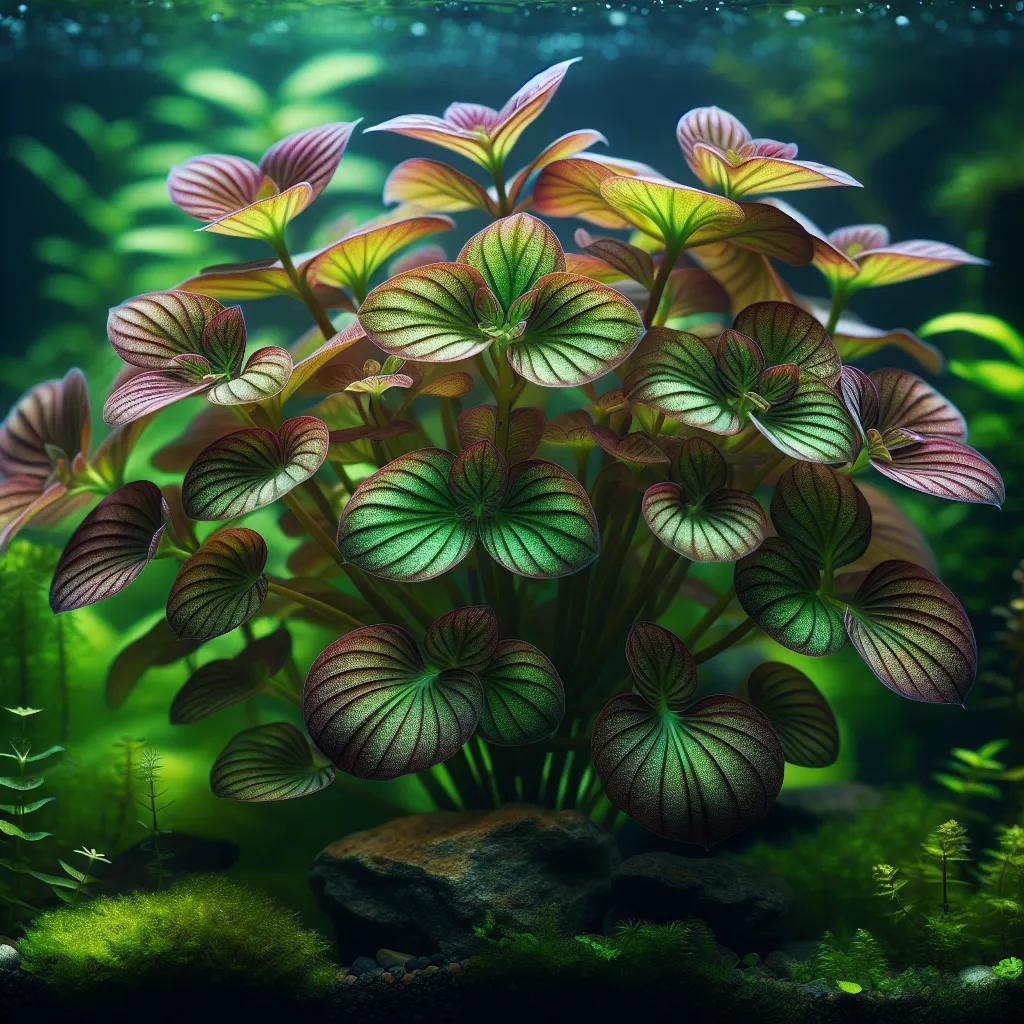 Imagen de una planta Ludwigia Palustris saludable en un acuario, mostrando hojas vibrantes y bien cuidadas.
