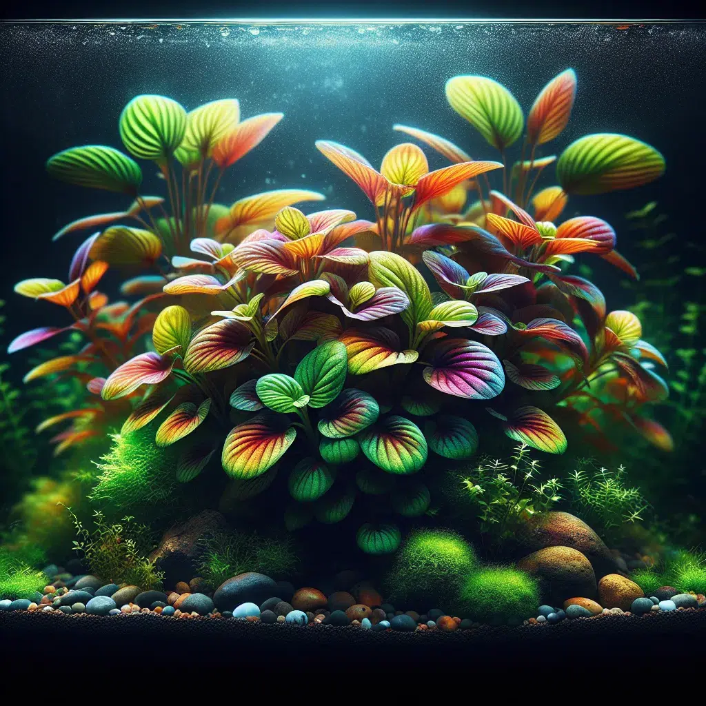 Imagen de una Ludwigia Palustris sana y vibrante en un acuario, mostrando hojas coloridas y bien cuidadas.