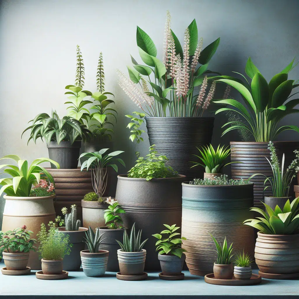 Imagen de diversas plantas en macetas de diferentes tamaños, ilustrando la importancia de elegir la medida adecuada para el crecimiento y salud de las plantas.