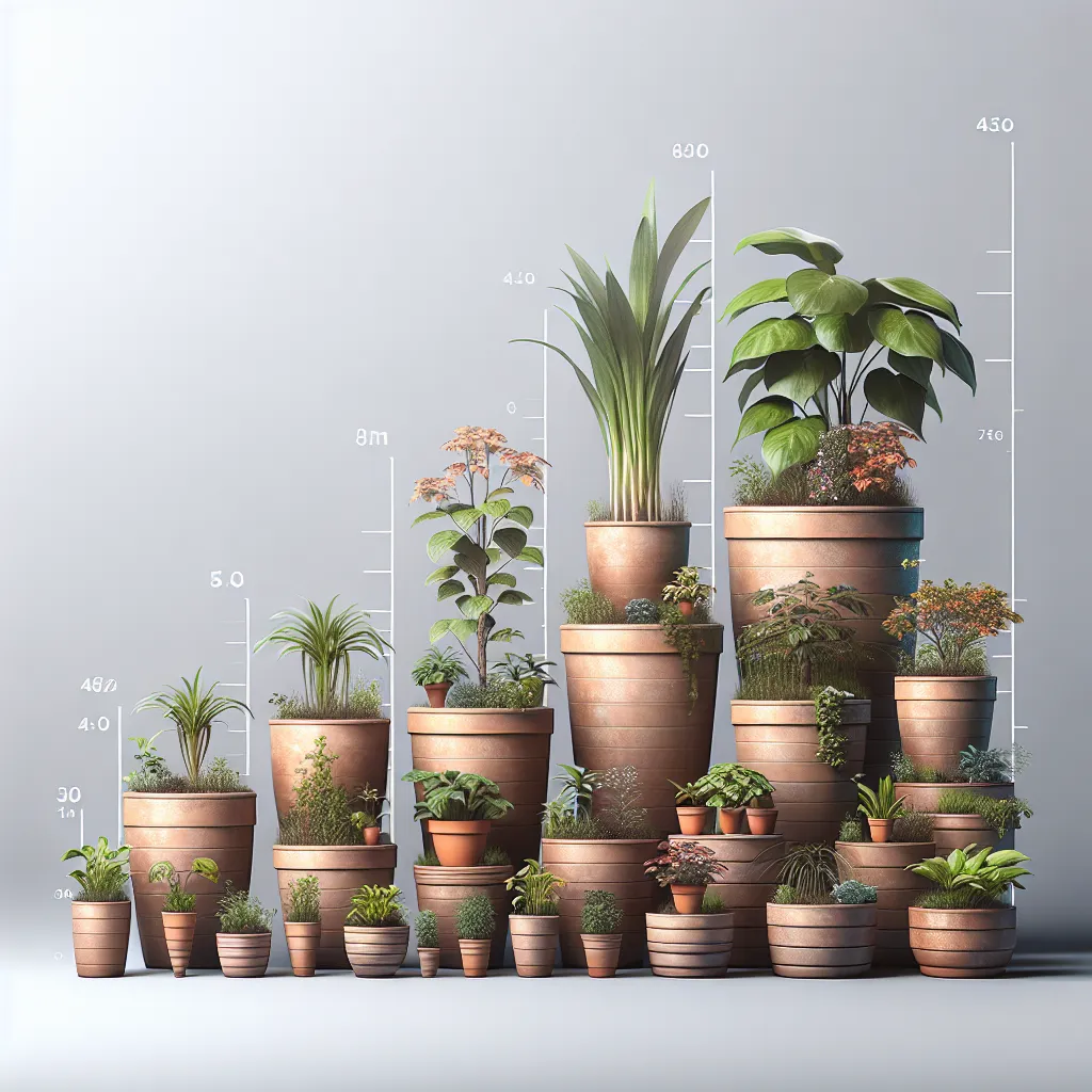 Comparación de macetas de diferentes tamaños con plantas en crecimiento, para elegir la adecuada según las necesidades de tus plantas.