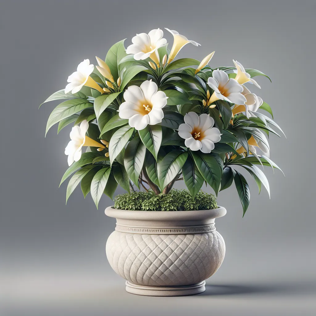 Imagen de una hermosa Dipladenia en flor, en una maceta decorativa, mostrando su fácil cuidado tanto en interiores como en exteriores.