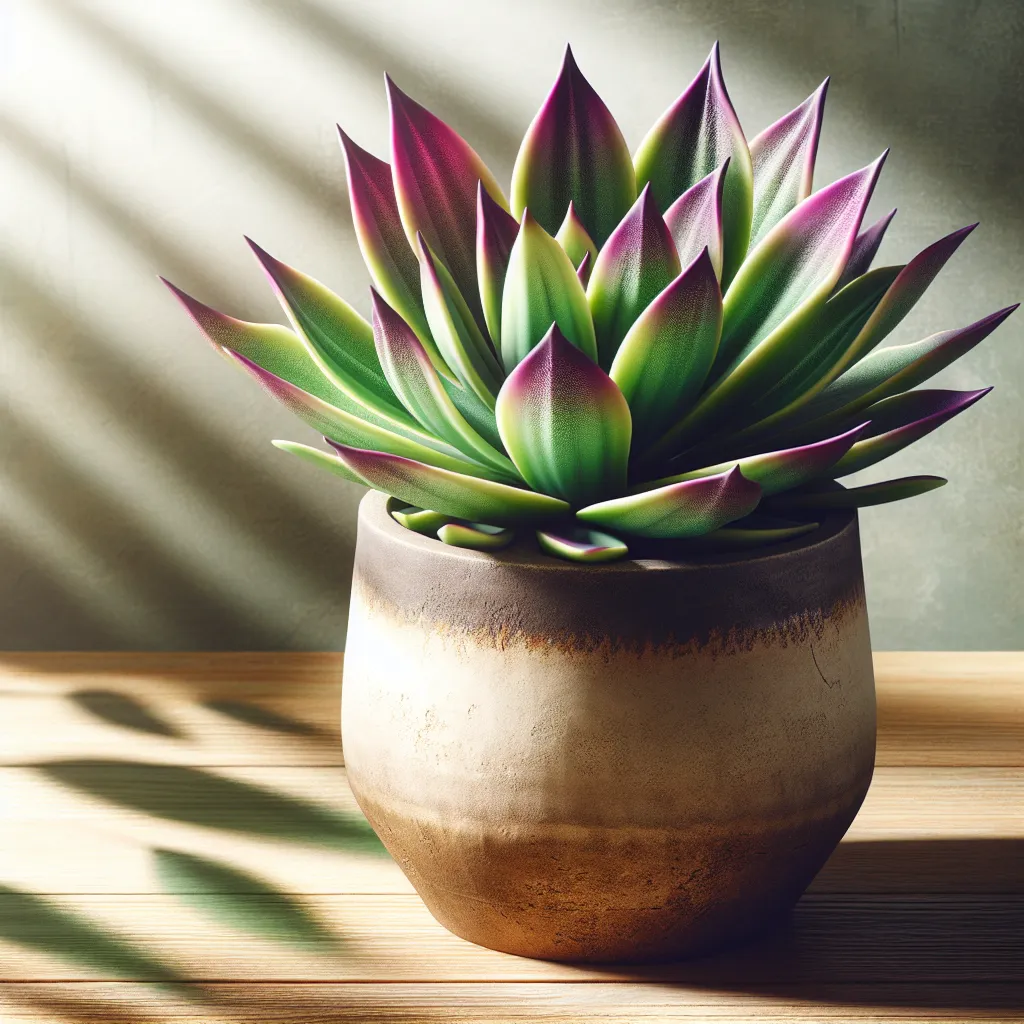 Imagen de una suculenta Mangave en un macetero de cerámica, con hojas carnosas y coloridas en tonos verde y morado, iluminada por la luz del sol. Plantar y cuidar una suculenta Mangave es fácil con estos consejos.