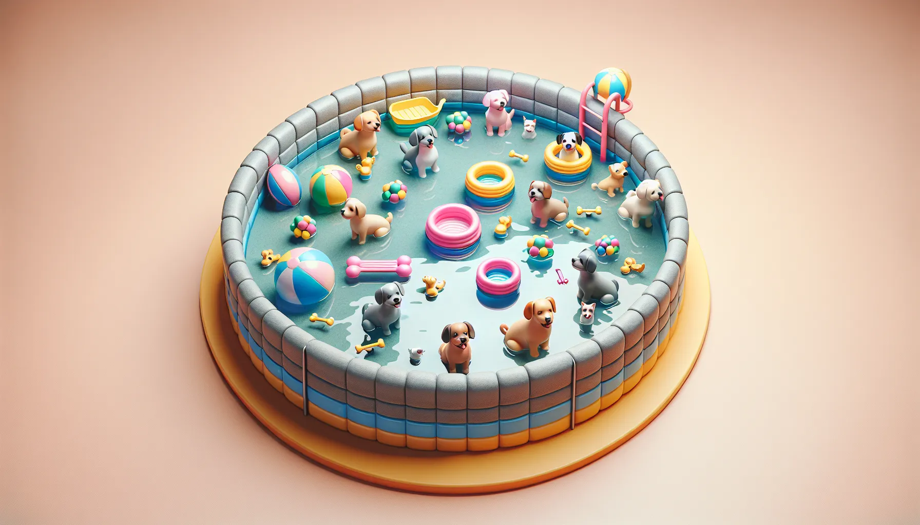 Imagen de una piscina para perros con agua limpia y juguetes flotando, lista para que las mascotas disfruten y se refresquen.