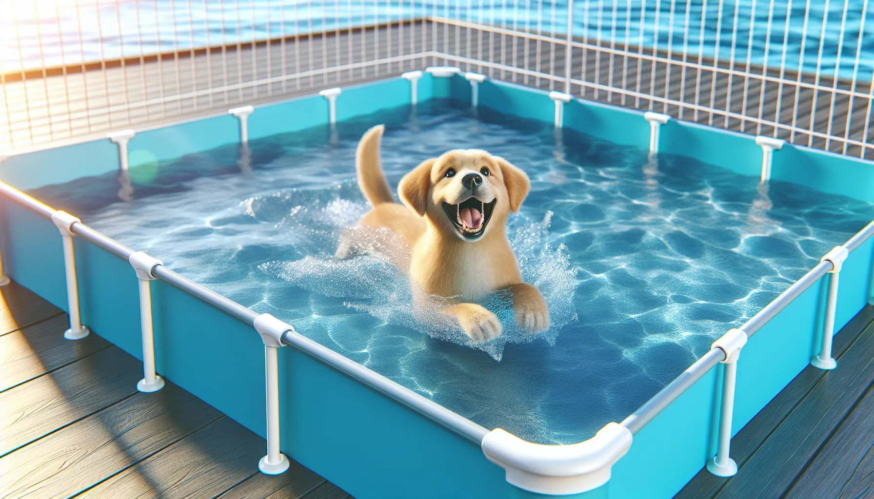 Perro nadando feliz en una piscina limpia y segura para mascotas.