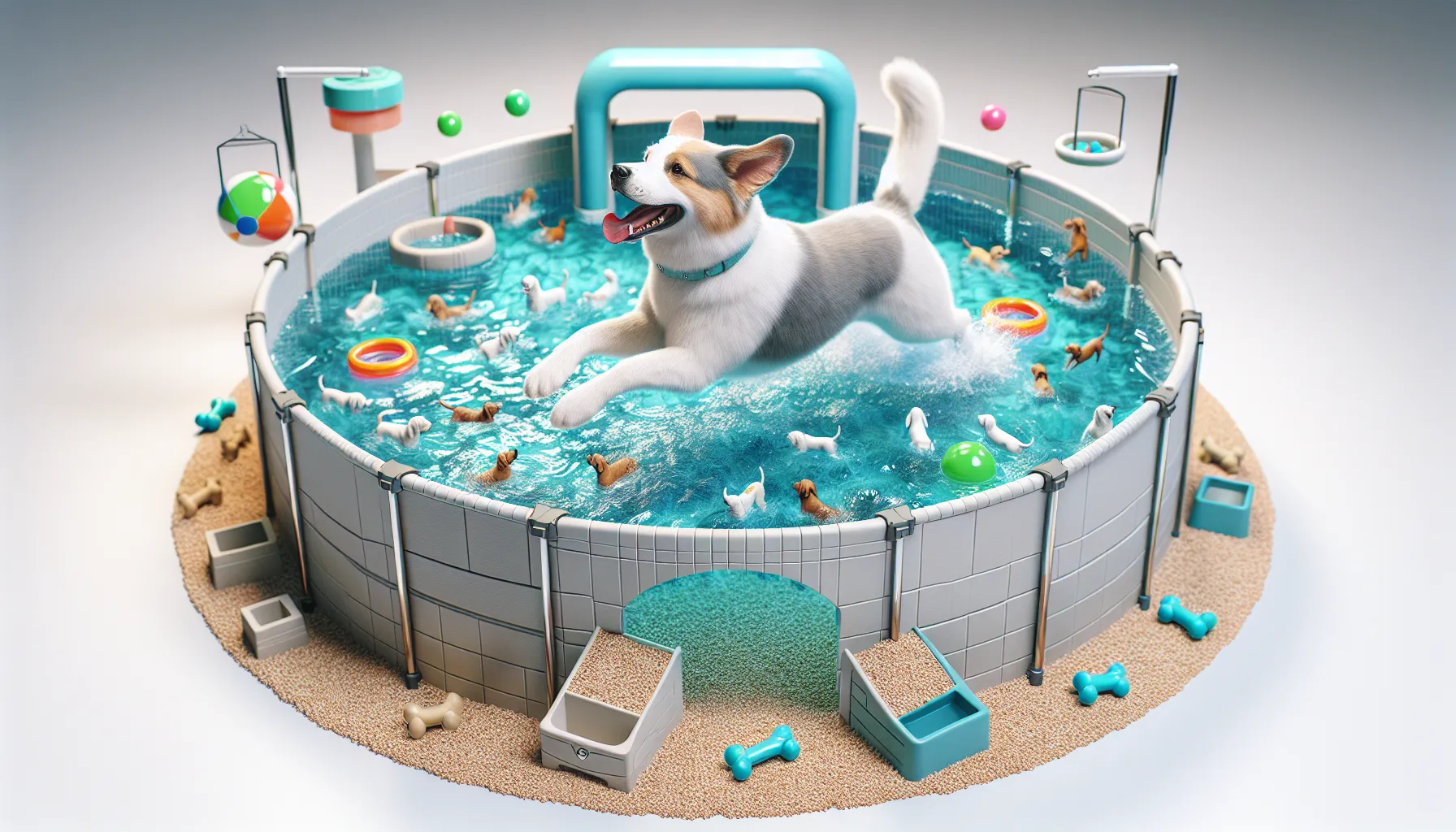 Imagen de un perro disfrutando en una piscina especialmente diseñada para mascotas, rodeado de juguetes acuáticos y con un agua limpia y cristalina.
