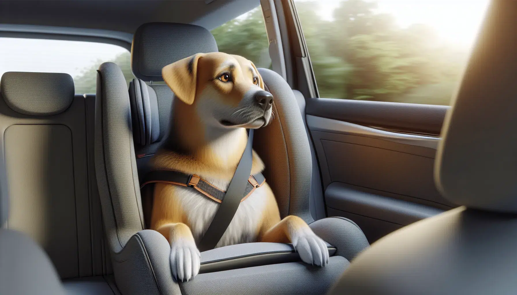 Imagen de un perro relajado en el asiento del coche mirando por la ventana durante un viaje, mostrando signos de calma y bienestar.