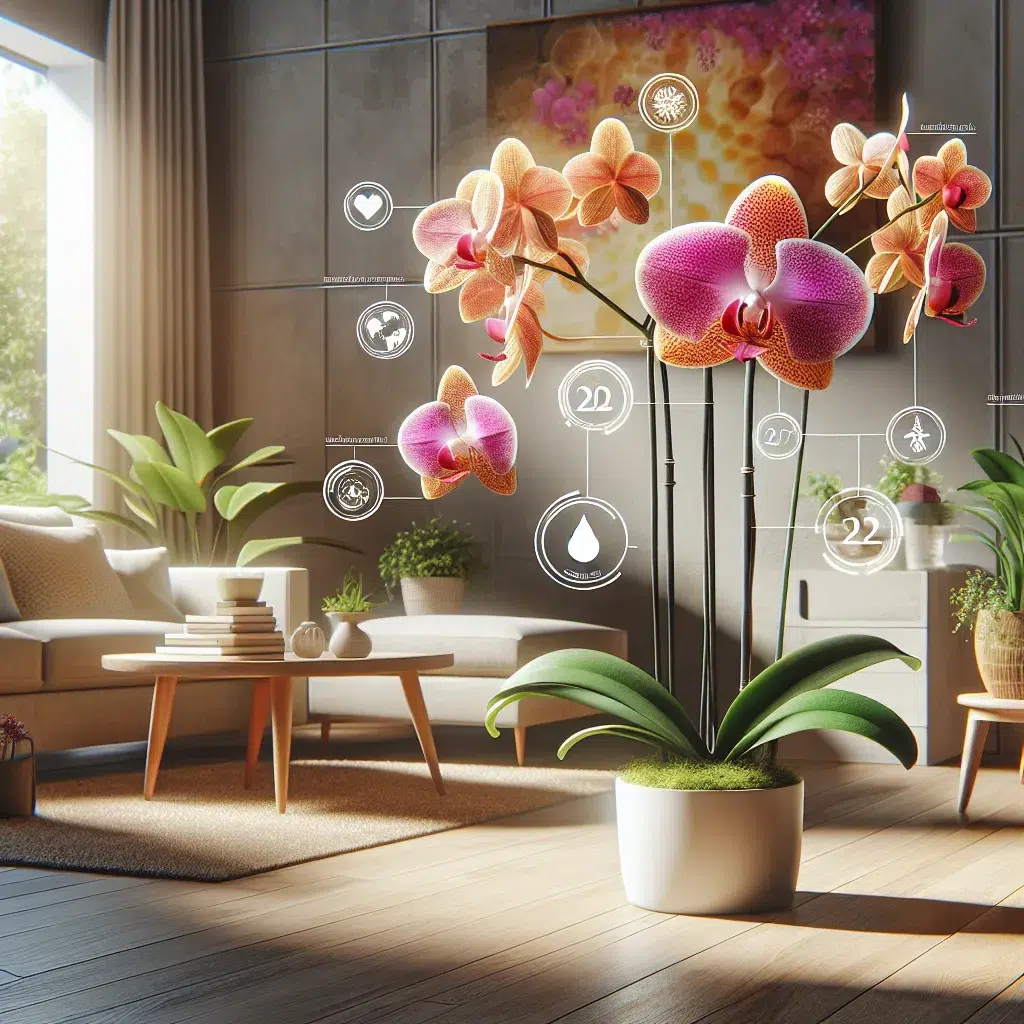 Imagen de una miltonia con flores exuberantes en un hogar, resaltando los cuidados básicos necesarios para su correcto desarrollo.