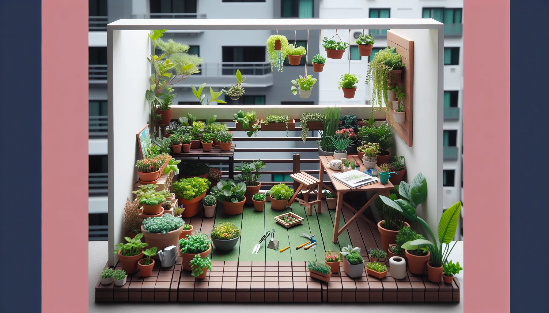 Imagen de un mini huerto en un balcón con variedad de plantas en macetas, demostrando cómo se puede cultivar en espacios reducidos.