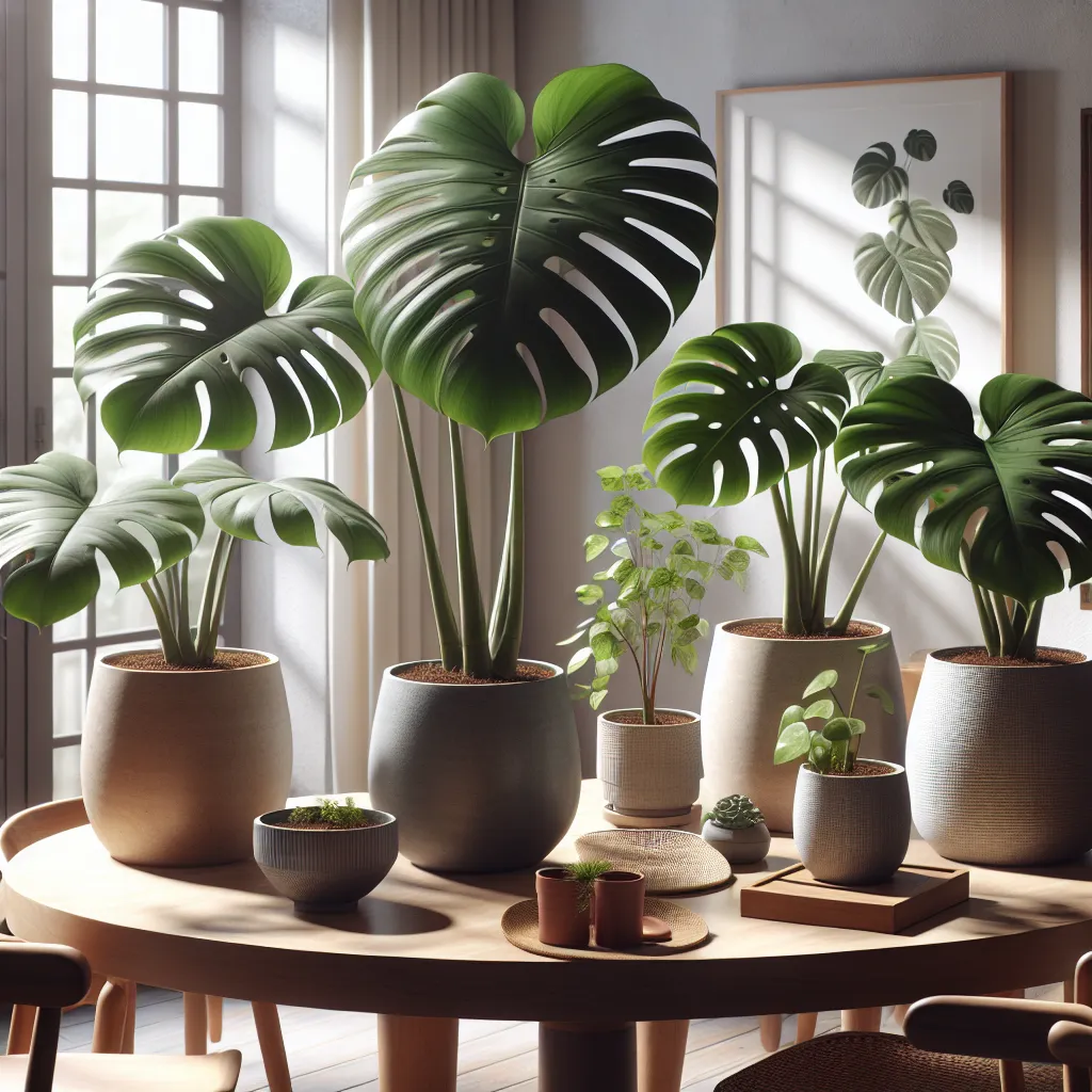 Cinco Monstera Dubia en macetas sobre una mesa con luz natural, ilustrando cómo cuidar esta exótica planta de interior.