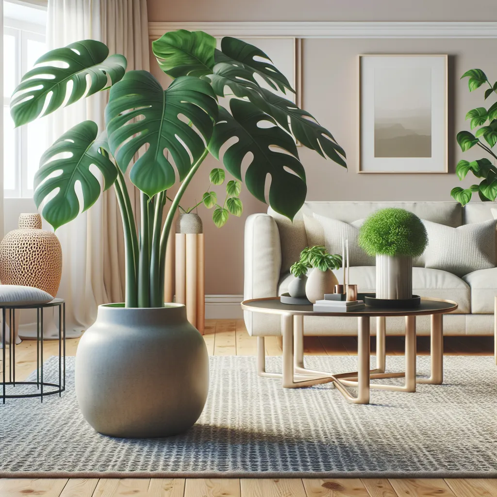 Imagen de una planta Monstera deliciosa saludable y frondosa en una sala luminosa, como ejemplo de una adecuada cuidado en casa.