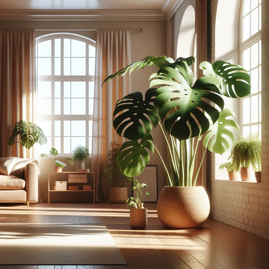 Imagen de una planta Monstera deliciosa en un hogar bien iluminado y cuidado con amor.