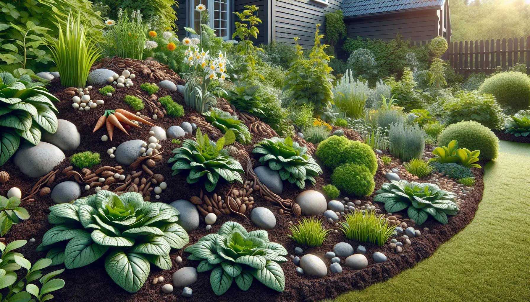 Imagen ilustrativa de un jardín cubierto de mantillo orgánico, una técnica de mulching que conserva la humedad y nutre el suelo.