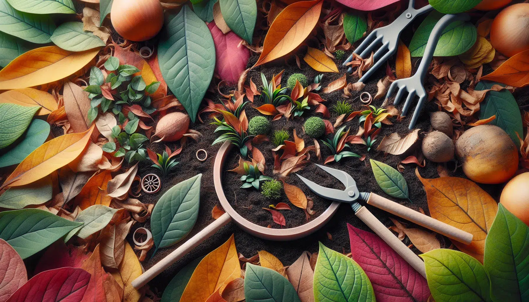 Imagen de hojas y restos vegetales esparcidos en un jardín, representando la técnica de mulching recomendada para mejorar la salud de las plantas en un hogar.