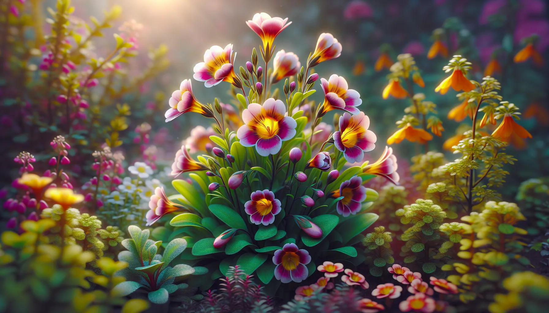Imagen de una hermosa planta de nemesia floreciendo en un jardín, mostrando sus vibrantes colores y delicadas flores, acompañada de brotes verdes saludables y exuberantes hojas. Una representación visual de la belleza y cuidado de la planta nemesia, la joya del Cabo.