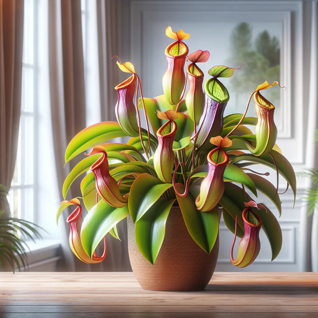 Imagen de una hermosa Nepenthes, planta carnívora, en un entorno doméstico con hojas coloridas y forma única, resaltando su belleza y exotismo.