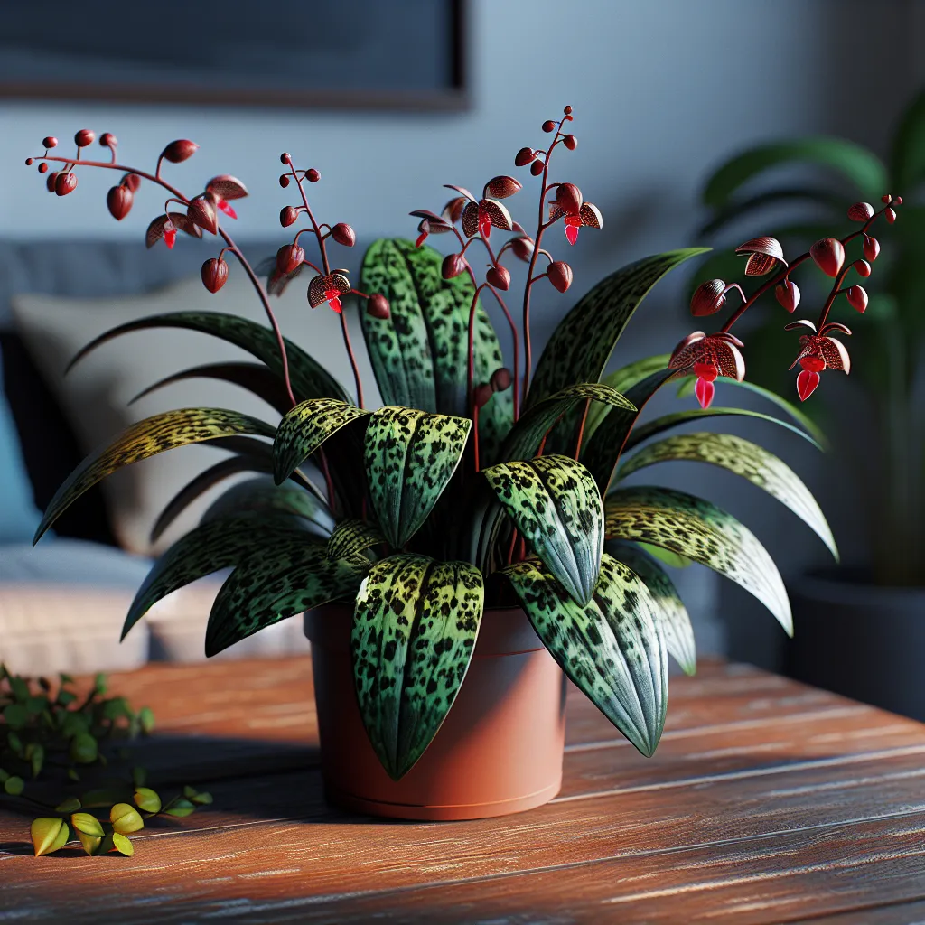 Orquídea Ludisia Discolor en maceta con hojas color verde oscuro con manchas rojas, en un entorno hogareño bien iluminado.