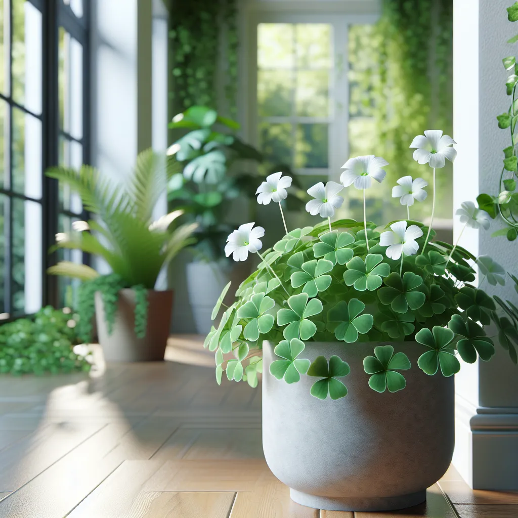 Imagen de una planta Oxalis en maceta, con hojas en forma de tréboles y flores blancas, con un fondo de hojas verdes. La planta se encuentra en un entorno interior bien iluminado.