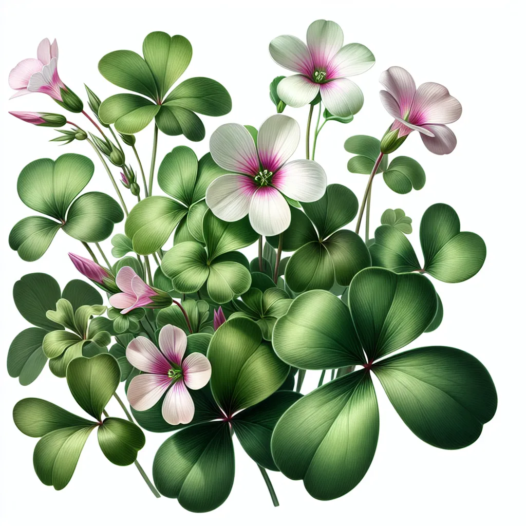 Imagen de una planta Oxalis, también conocida como planta mariposa, con hojas verdes y flores delicadas en tonos rosados y blancos.