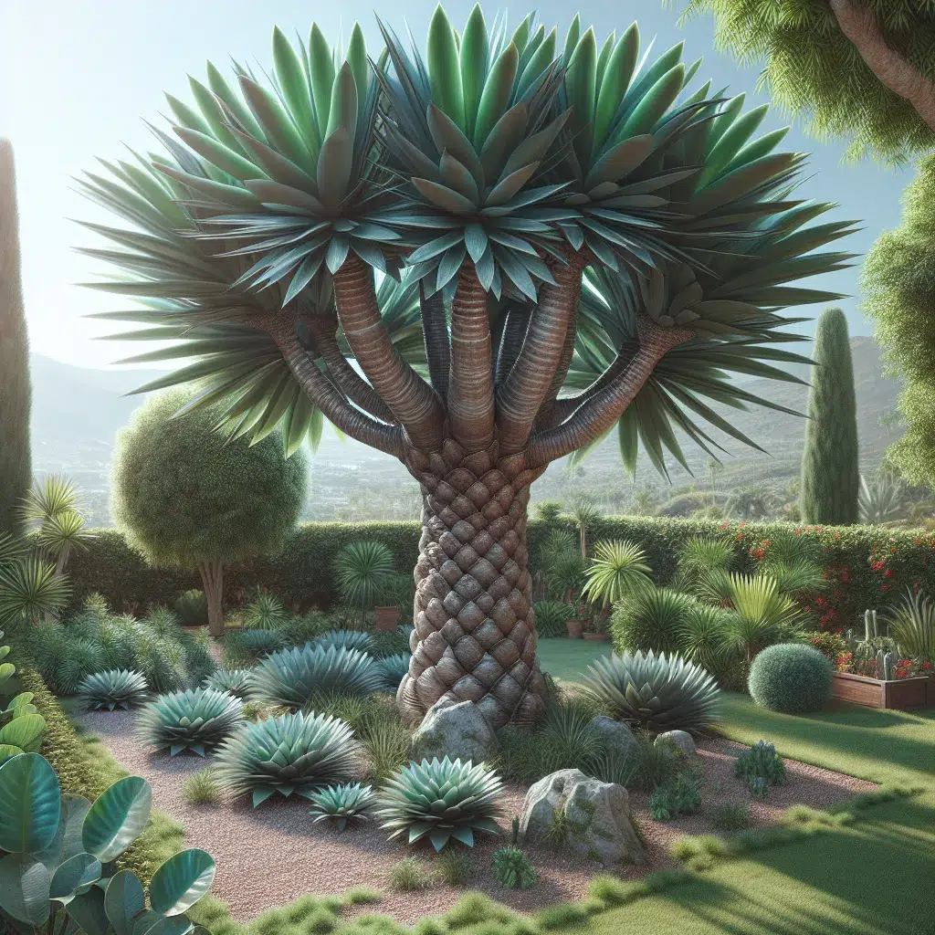 Imagen de una palma de Madagascar (Pachypodium Lamerei) en un entorno soleado y bien cuidado, con sus características hojas suculentas y tronco grueso.