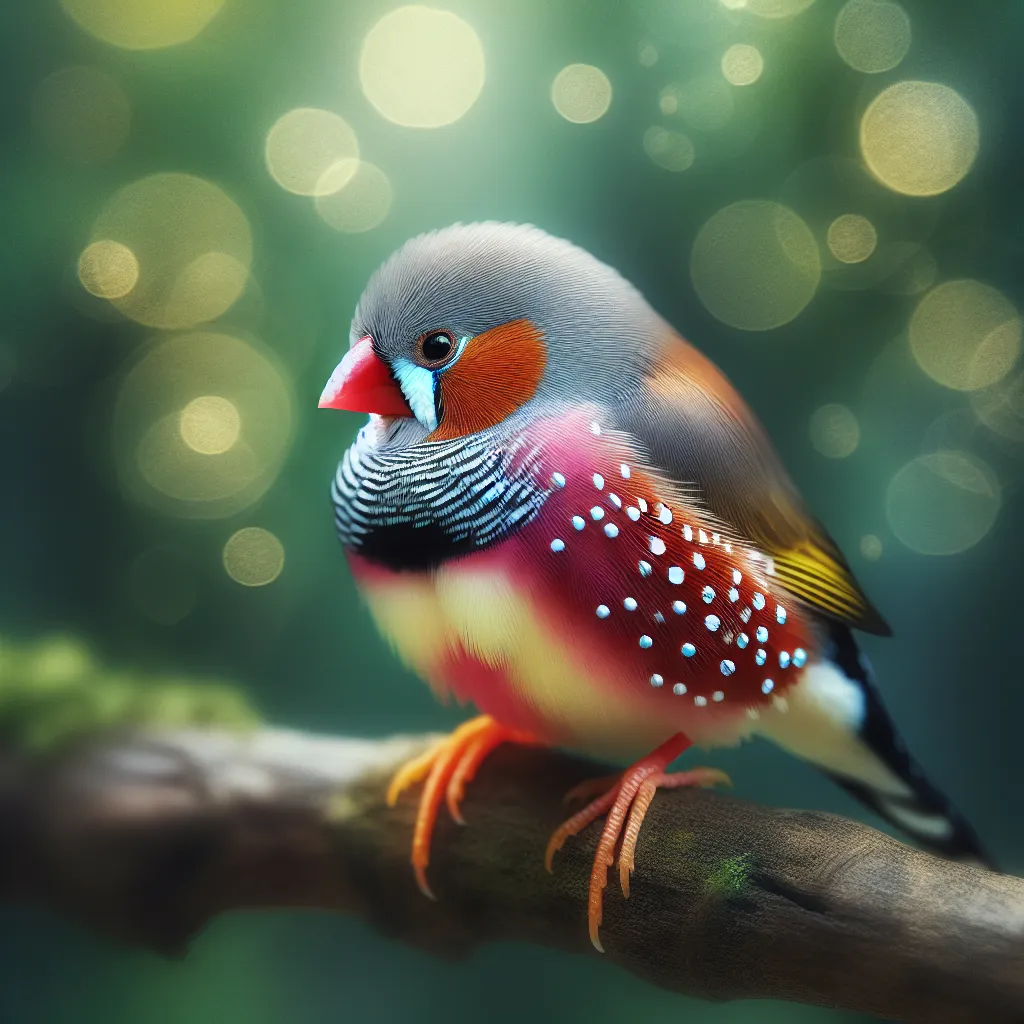 Imagen de un diamante mandarín posado delicadamente sobre una rama, mostrando su plumaje vibrante y sus colores vivos, en un entorno natural.