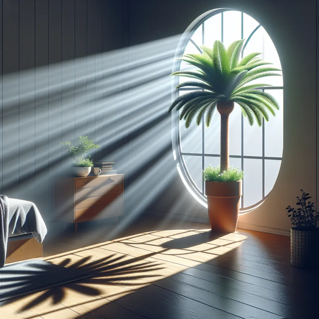 Imagen de una palmera en una maceta con luz solar filtrada, ilustrando cómo cultivar palmeras en macetas en interiores con éxito en casa
