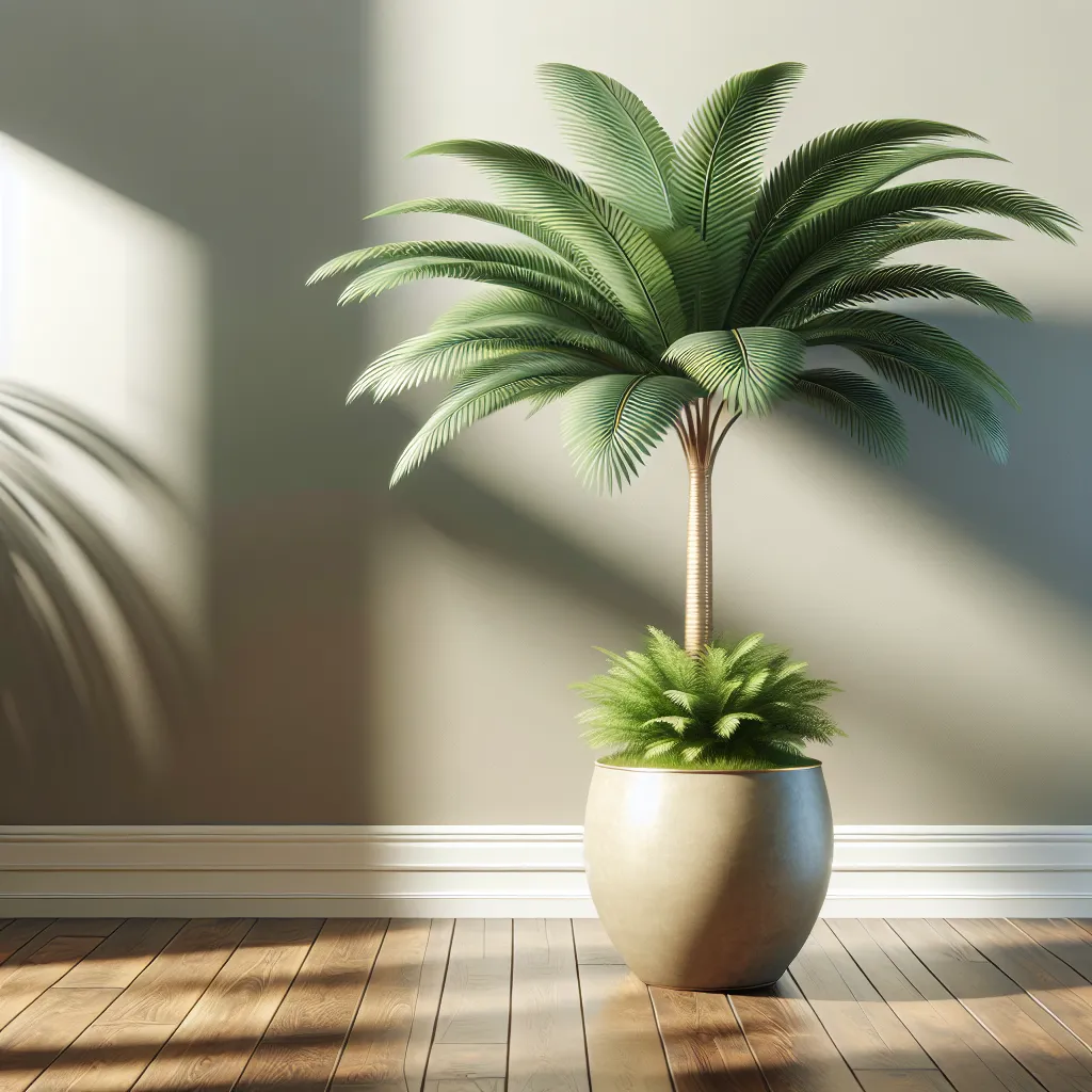 Imagen de una palmera en maceta, decorando un hogar con estilo y exuberancia.
