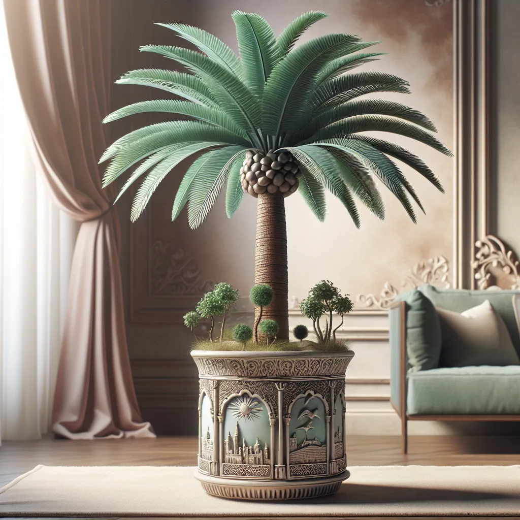 Imagen de una palmera cultivada en una maceta decorativa en un ambiente interior, mostrando cómo es posible tener éxito cultivando palmeras en espacios reducidos en casa.