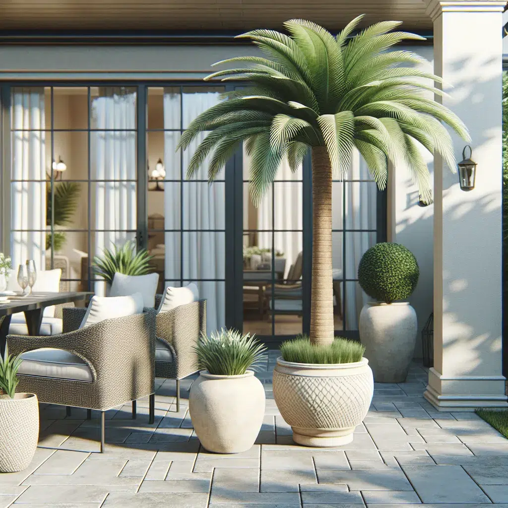 Imagen de una palmera en maceta, decorando un patio con estilo y elegancia en un entorno doméstico.