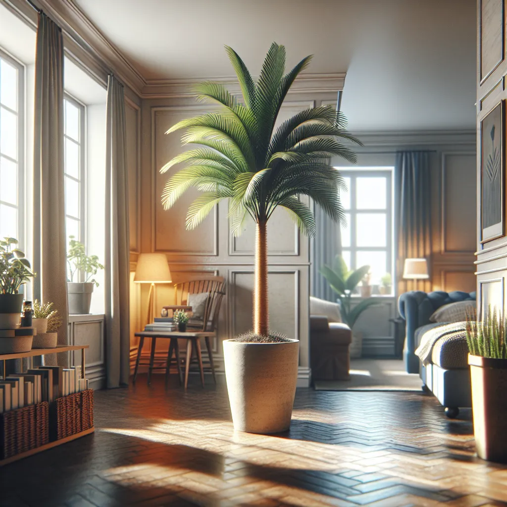 'Imagen de palmera en maceta en un ambiente hogareño, ilustrando cómo cultivar palmeras con éxito en interiores.'