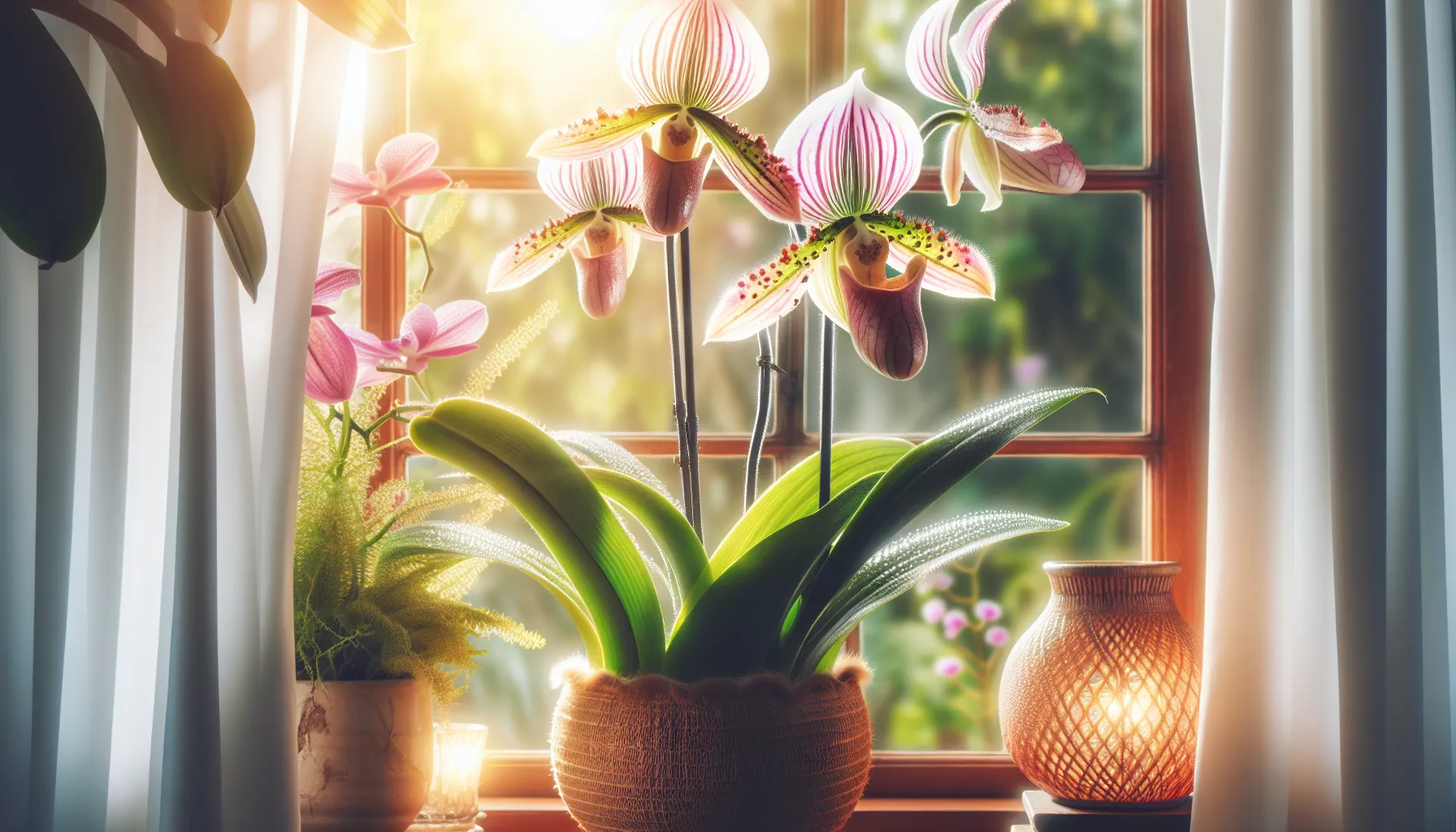 Imagen de una hermosa orquídea zapato Paphiopedilum en un entorno hogareño, con luz natural y cuidados especiales.