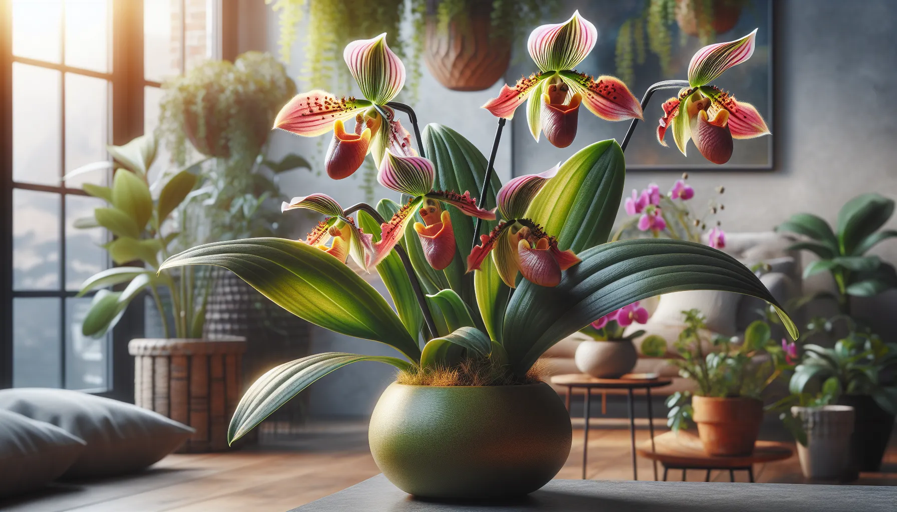 Imagen de una hermosa orquídea zapato Paphiopedilum en un entorno hogareño, con hojas verdes y una flor exótica de colores vibrantes.