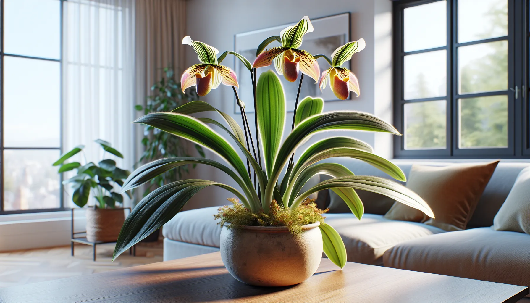 Imagen de una orquídea zapato Paphiopedilum en un entorno hogareño, con hermosas flores y hojas sanas y brillantes, mostrando cuidado y atención dedicados a esta planta exótica en casa.