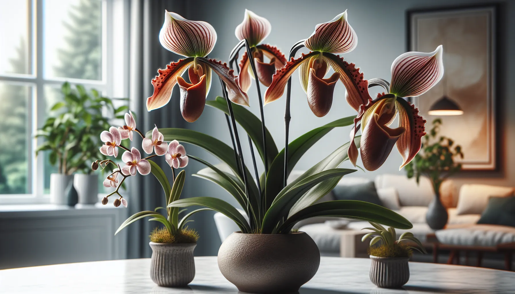 Imagen de una hermosa orquídea zapato Paphiopedilum en un hogar, mostrando sus características únicas y el cuidado que requiere en casa