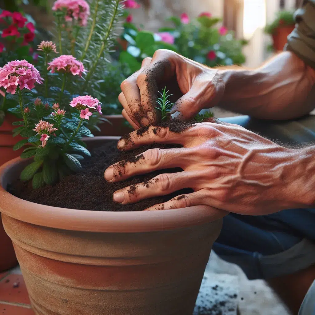 Imagen de manos plantando flores en una maceta en un jardín en España.