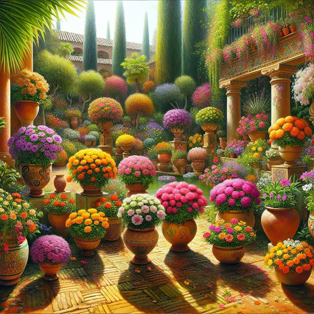 Imagen de diversas flores coloridas en macetas en un jardín en España