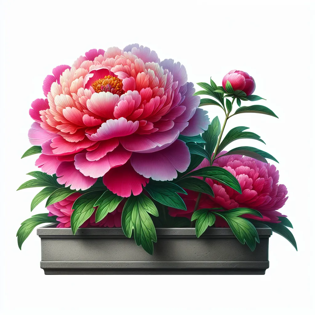 Imagen de una hermosa peonía en flor, resaltando su colorido y belleza, en un jardín bien cuidado o en una maceta decorativa.