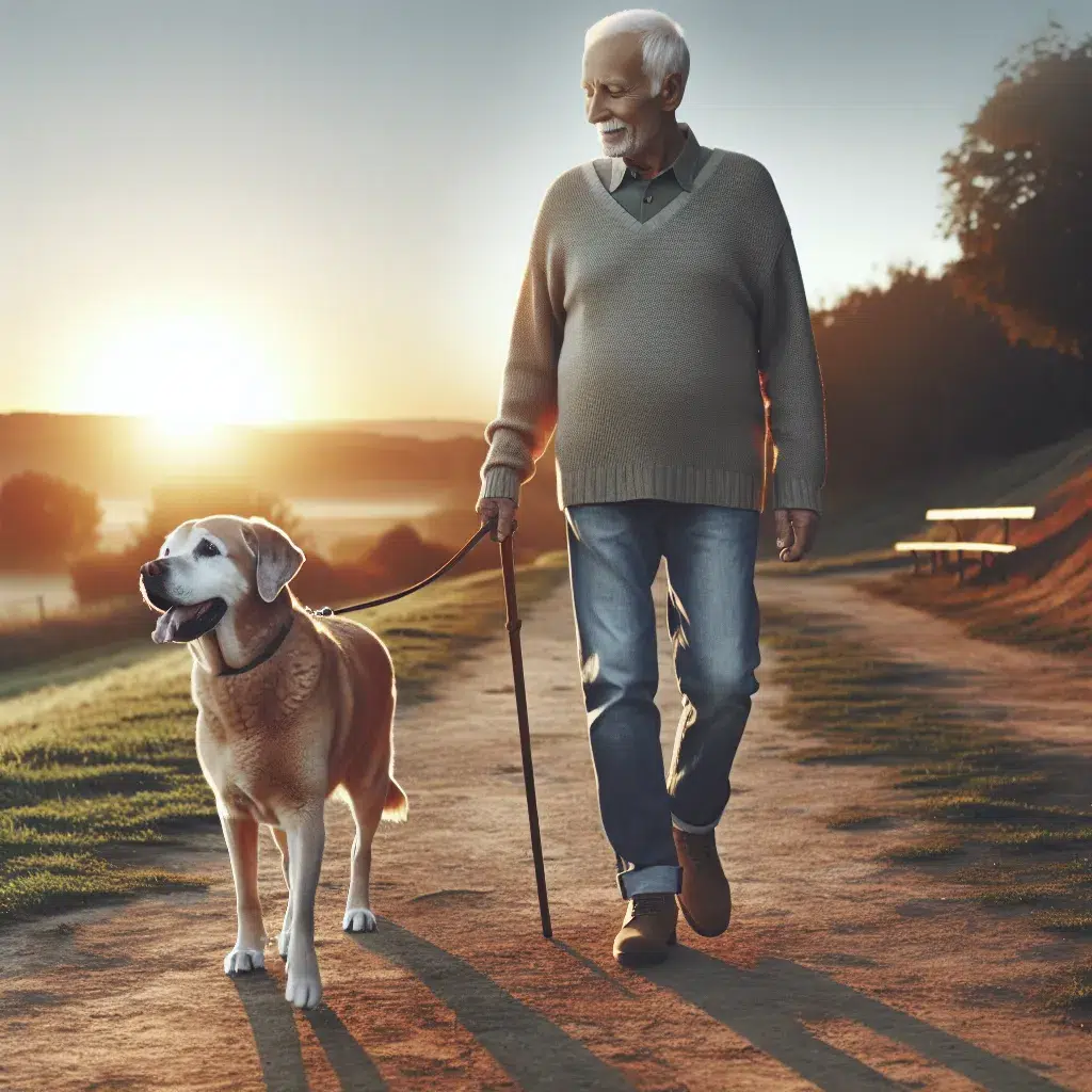 Imagen de un perro mayor disfrutando de un paseo tranquilo con su dueño, demostrando amor y compañía en la vejez.